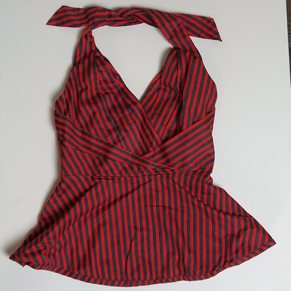 Odille Red and Black Striped Halter Wrap Blouse